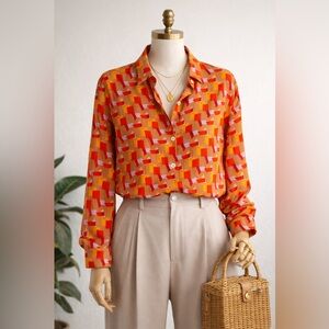 100% Silk Colourful Geometric Button Down Shirt NWT